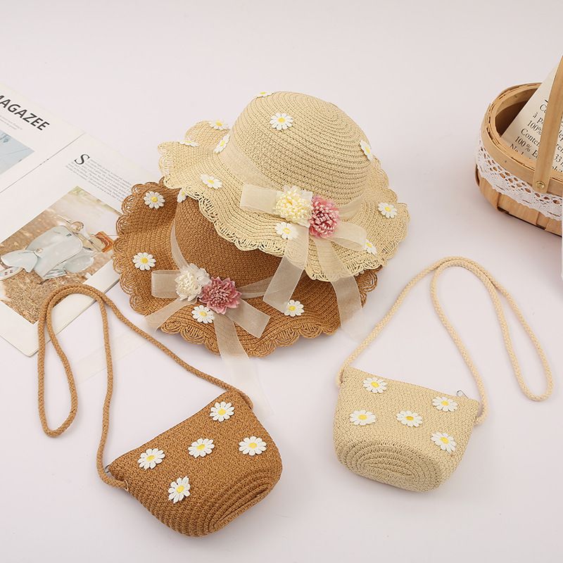 小仙女不規則大帽簷草帽/遮陽帽(附小背包)-編制花-杏色 (建議2-8歲)