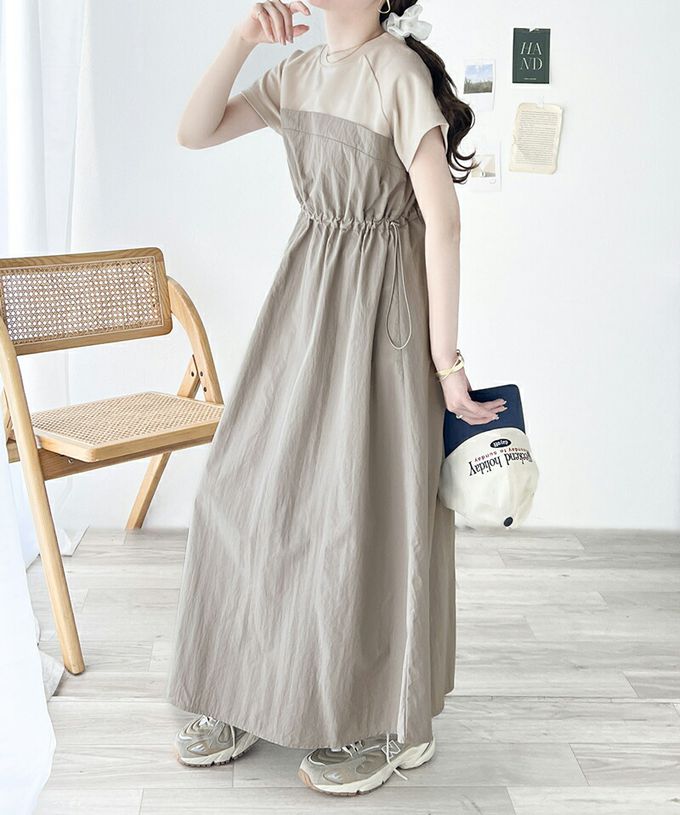 日本 Classical Elf - 法式袖拼接縮腰抽繩洋裝-炭灰x黑