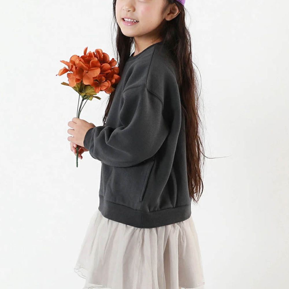 甜美裏毛雪紡拼接長袖洋裝-墨灰