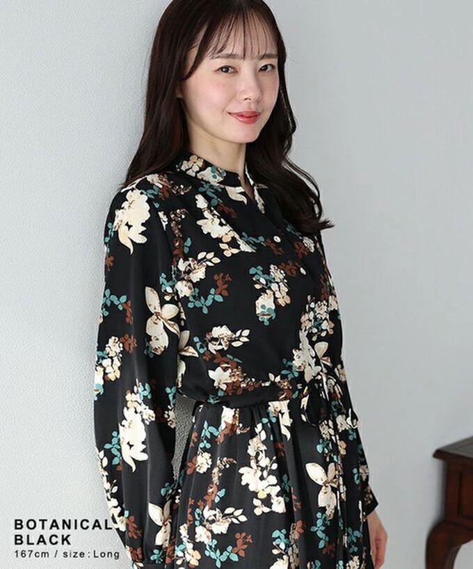 日本 BLUE EAST - [人氣款]簡約抽繩收腰長袖洋裝-彩色花卉-黑