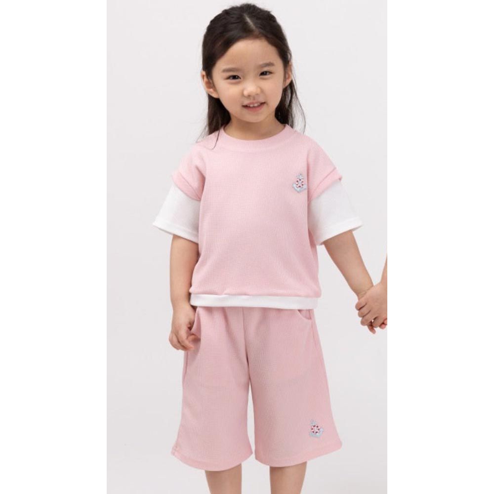 韓國 Coco Bang - (兩件式)海軍徽章點綴短袖套裝-粉紅