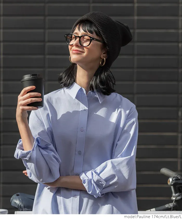 日本 COCA - 簡約落肩翻領長袖襯衫-條紋-水藍