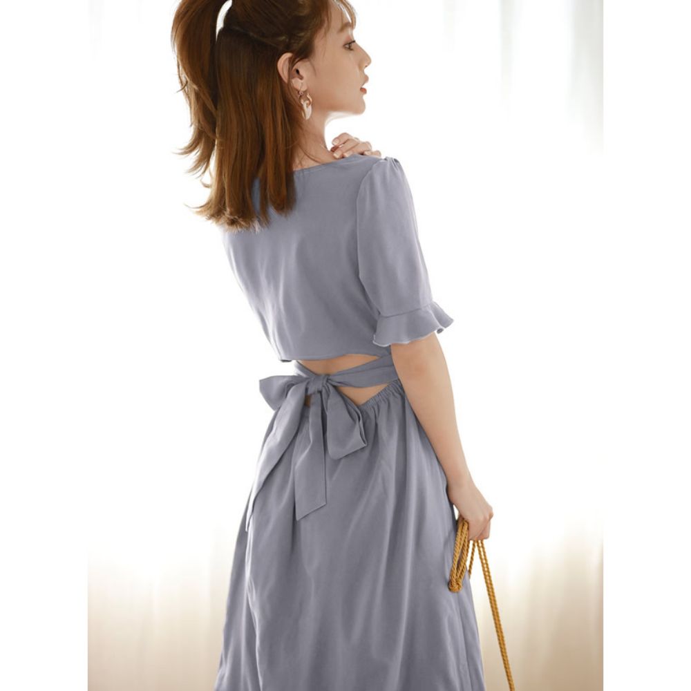 日本 GRL - 美背露腰蝴蝶結綁帶短袖洋裝-星塵藍