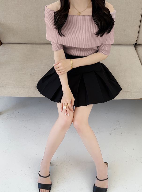 日本 GRL - 一字領羅紋顯瘦短袖上衣-白 (F)