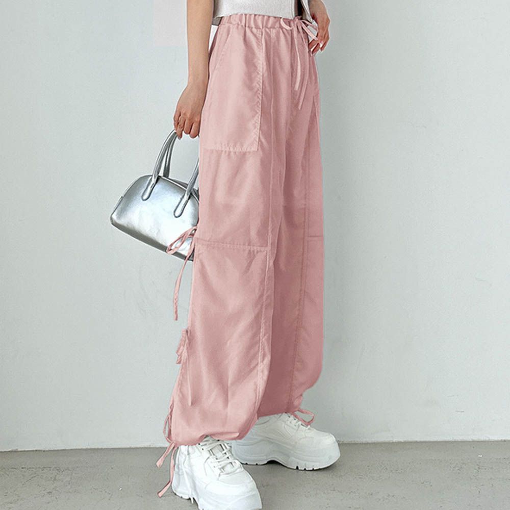 酷甜綁帶側開叉美式工裝褲-粉紅 (F)