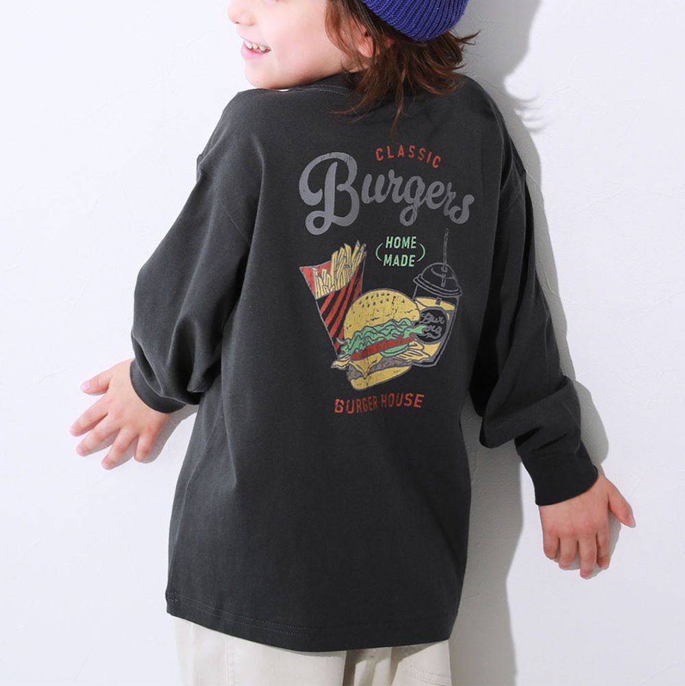 100%棉 寬鬆版型縮口長袖上衣-漢堡套餐-炭黑