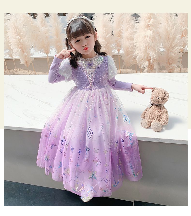 (不含披風)雪花亮片公主袖網紗洋裝-紫色