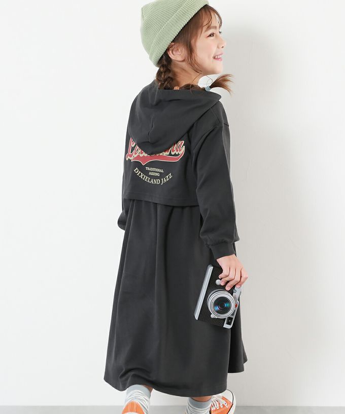 日本 devirock - 背後印花 純棉休閒連帽長袖洋裝-墨黑