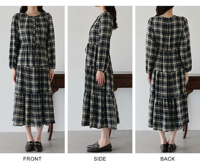 日本 BLUE EAST - 經典低調格紋分層束腰長袖洋裝-海軍藍