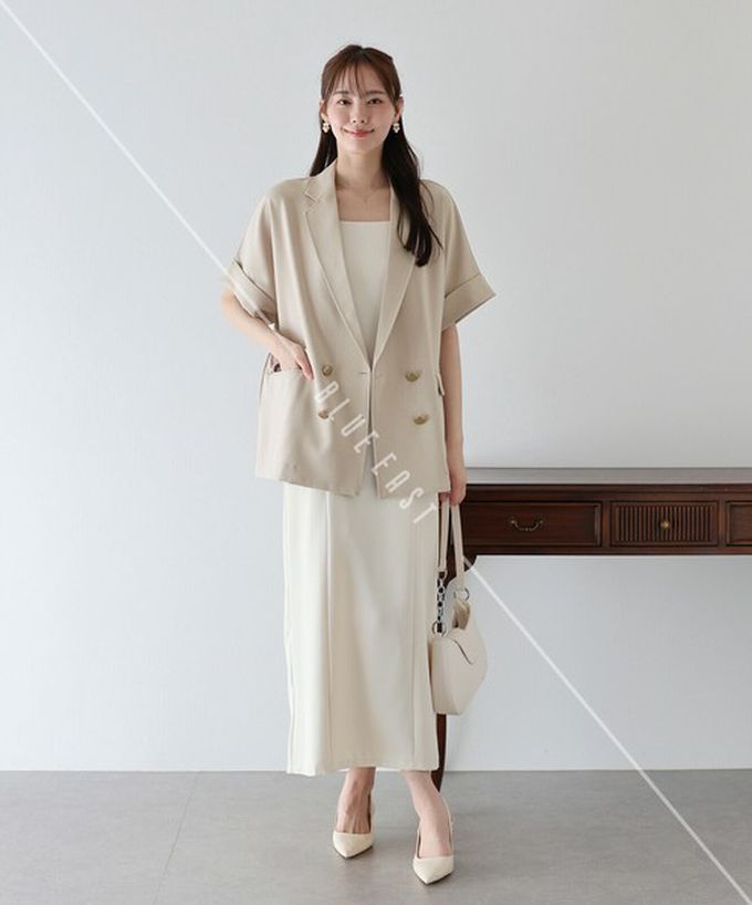 日本 BLUE EAST - 亞麻感氣質金釦短袖西裝外套-黑