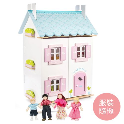 蔚藍渡假娃娃屋 (精品裝潢含家具)-送娃娃家族-拔拔, 麻麻與兩個小孩(服裝搭配隨機)