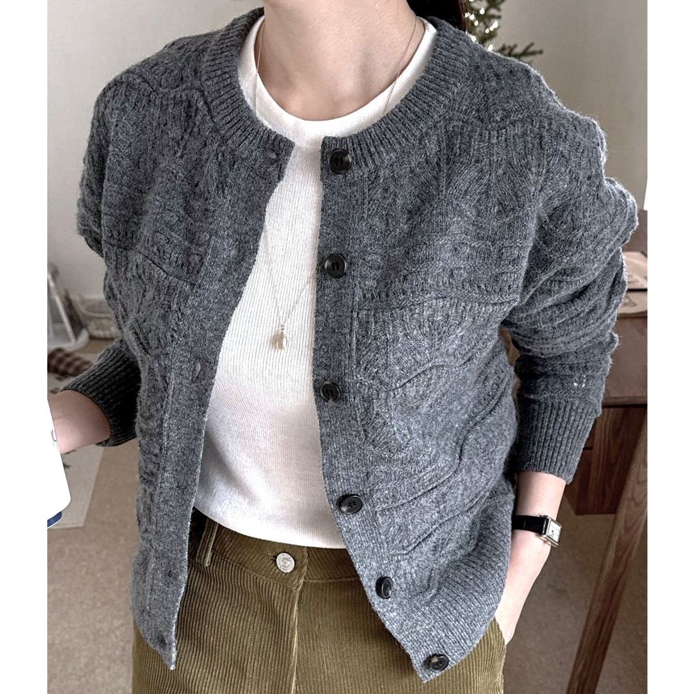 典雅立體針織紋路無領羊毛外套-深灰 (FREE)