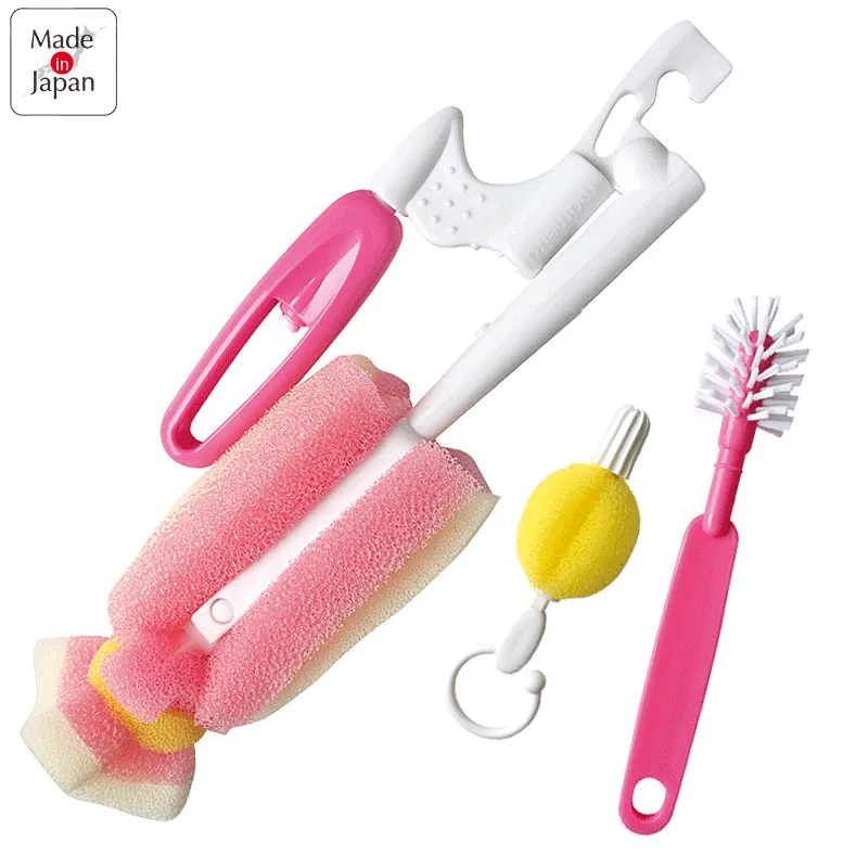 akachan honpo - 奶瓶刷3件組-粉紅色-奶瓶刷‧奶嘴刷・奶瓶蓋刷:各1枝