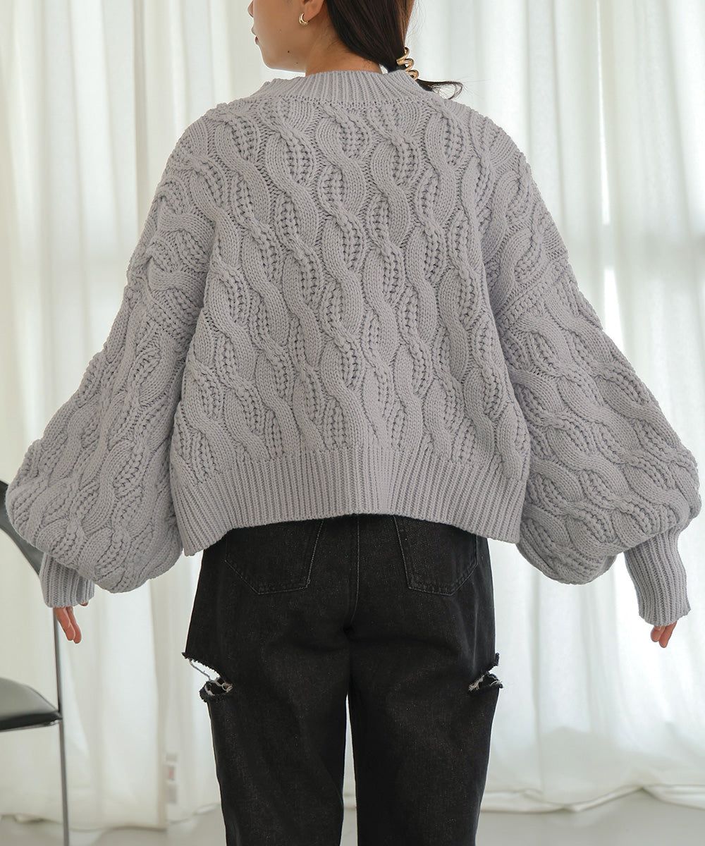 日本 Bab - 麻花編織圓領泡泡袖毛衣-粉膚