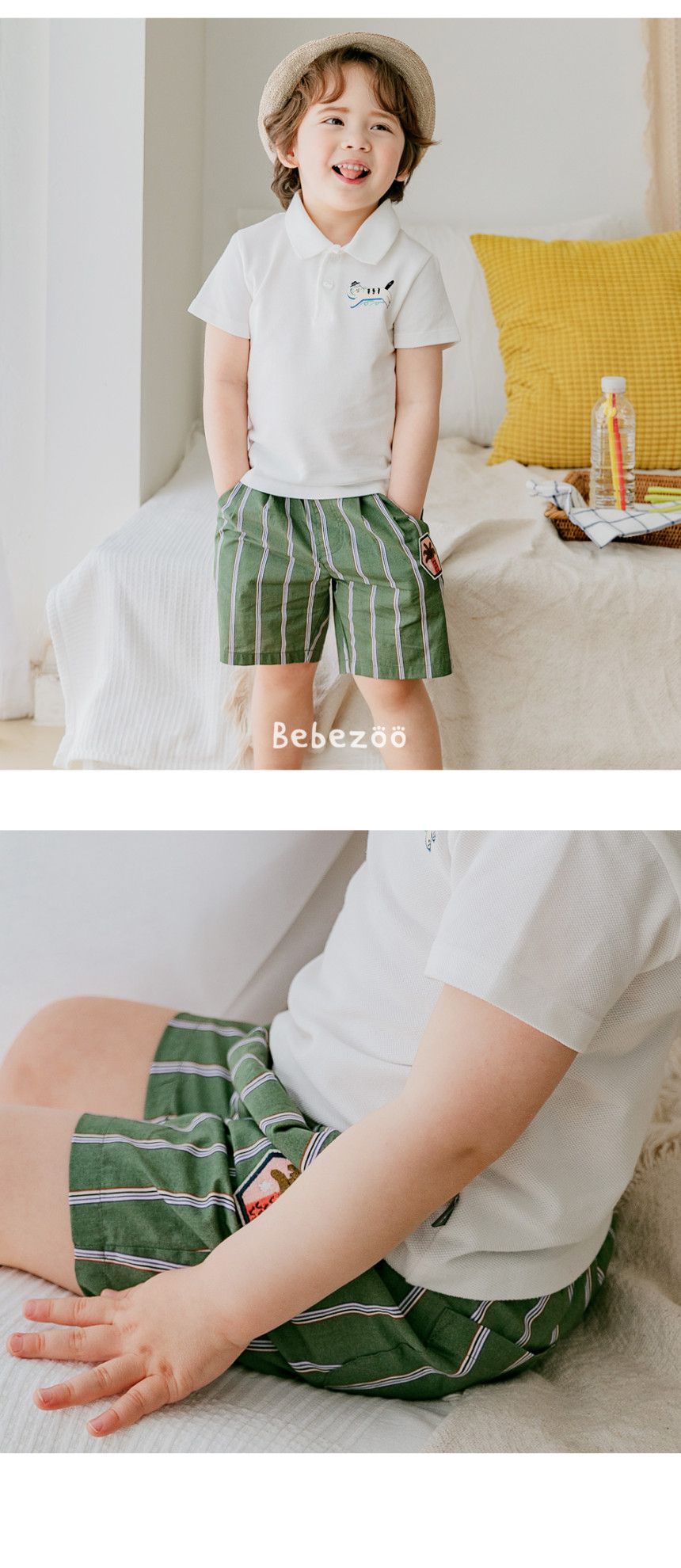 韓國 Bebezoo - 刺繡鳳梨條紋短褲