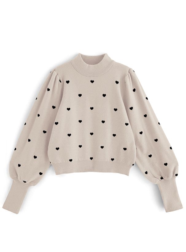 日本 GRL - 甜美小愛心立領針織上衣-黑 (F)