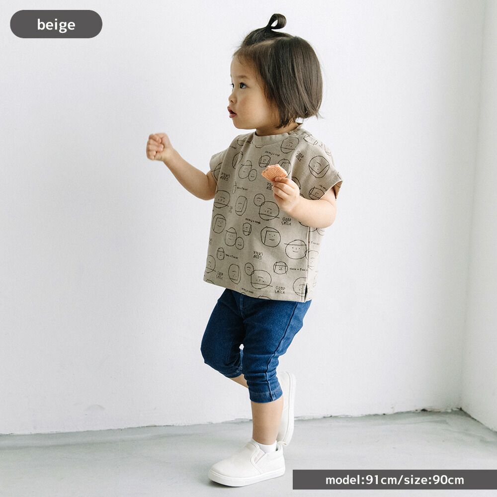 日本 ma lalumiere store - 華夫格滿版印花短袖上衣-笑臉-卡其