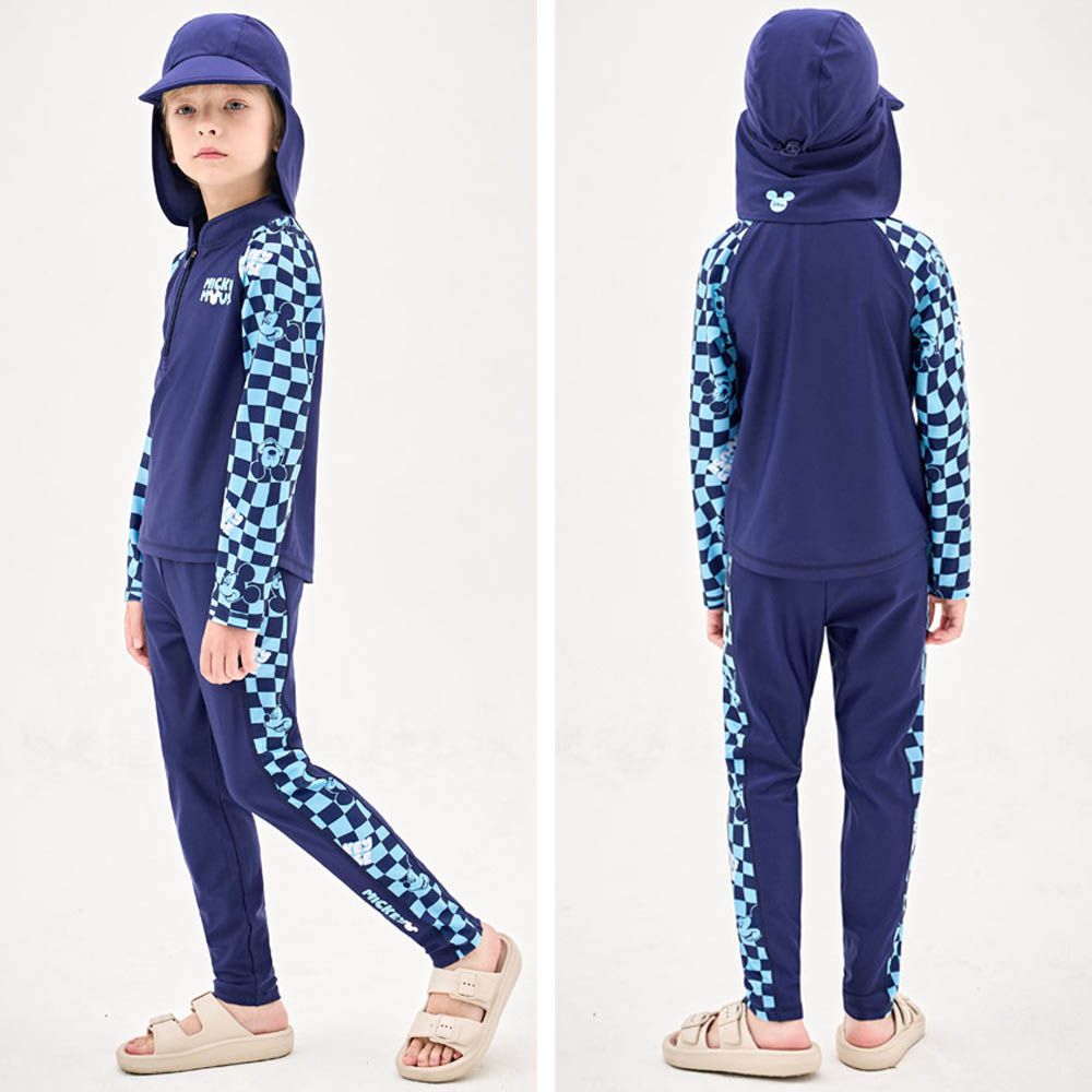 UPF 50+二件式長袖泳裝(附遮脖泳帽)-卡通人物格紋米奇-海軍藍