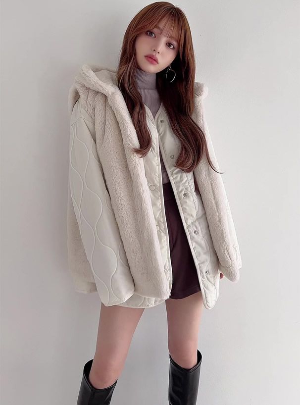 日本 GRL - 毛絨連帽背心x泡泡壓紋鋪棉外套兩件組-米杏 (F)