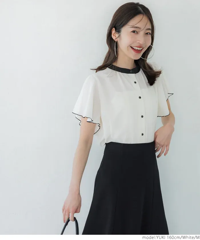 日本 COCA - 簡約撞色雪紡荷葉短袖襯衫-白