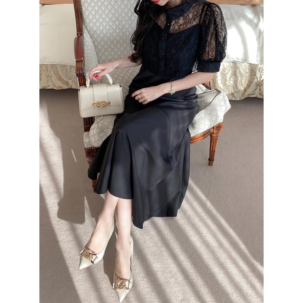 日本 GRL - 氣質花蕾絲兩件式洋裝-經典黑