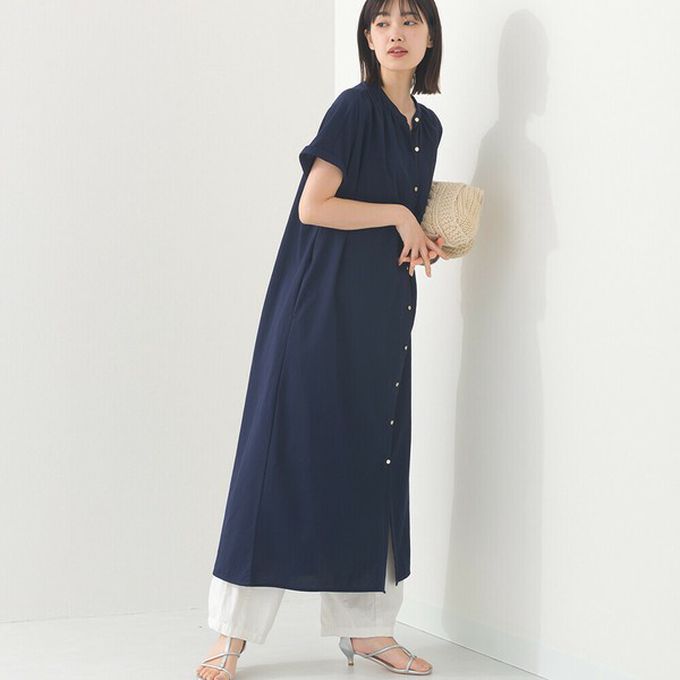 日本 OMNES - 接觸涼感 氣質金釦襯衫式短袖洋裝-黑