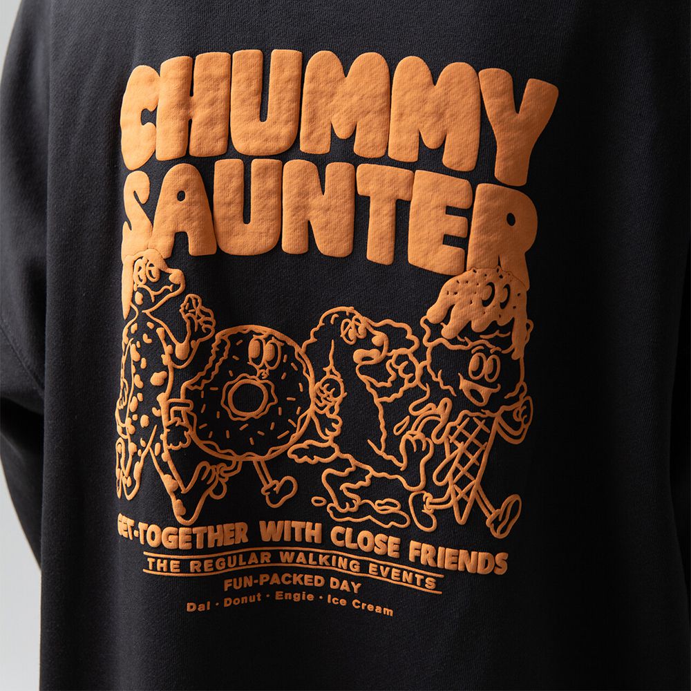 裏毛寬版甜點好友印花大學T-炭黑x橘