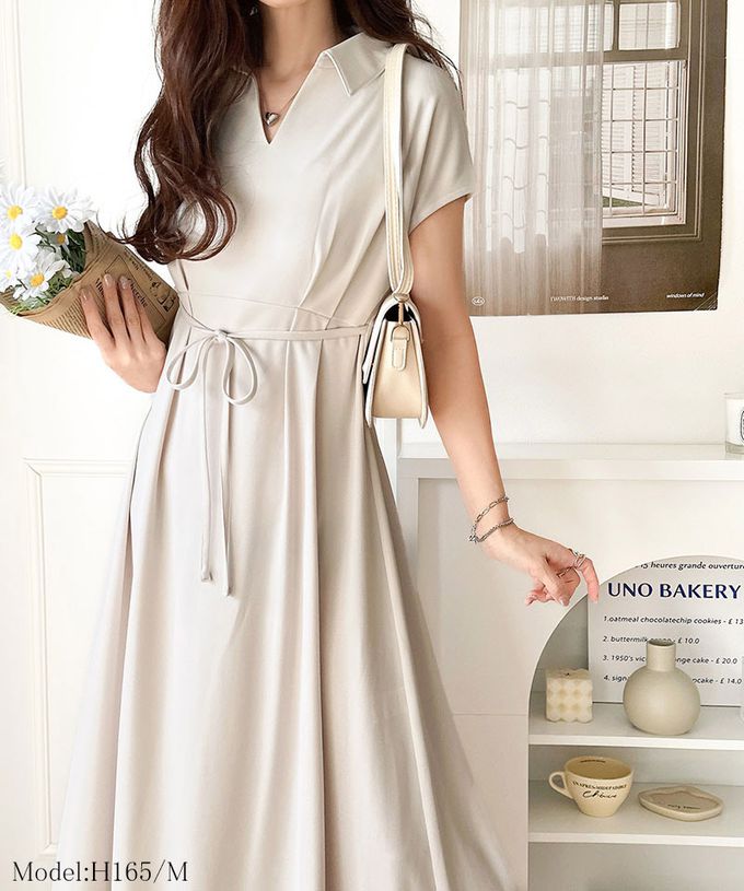 日本 Classical Elf - 接觸冷感 優美V領腰綁帶短袖洋裝-短版-黑