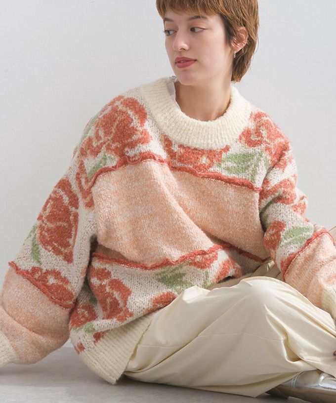 日本 Lupilien - 毛茸感華麗大花朵針織上衣-炭灰x黃