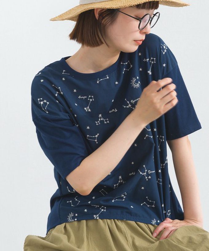 日本 Lupilien - 唯美刺繡舒適棉短袖上衣-星座-海軍藍