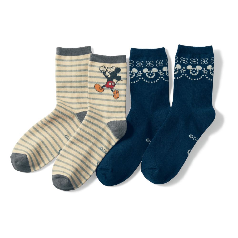 日本千趣會 - 迪士尼中筒襪兩件組-米奇-灰條紋與圖騰 (23-25)