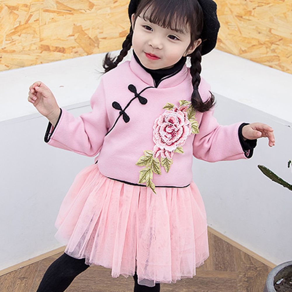 新年 - 大花朵棉質旗袍紗裙-粉色