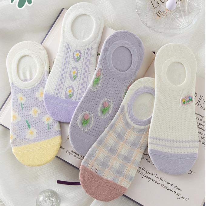 love, charlotte - 氣質淺紫小碎花防滑隱形棉襪 (XXL (22~24cm))-5 雙一組