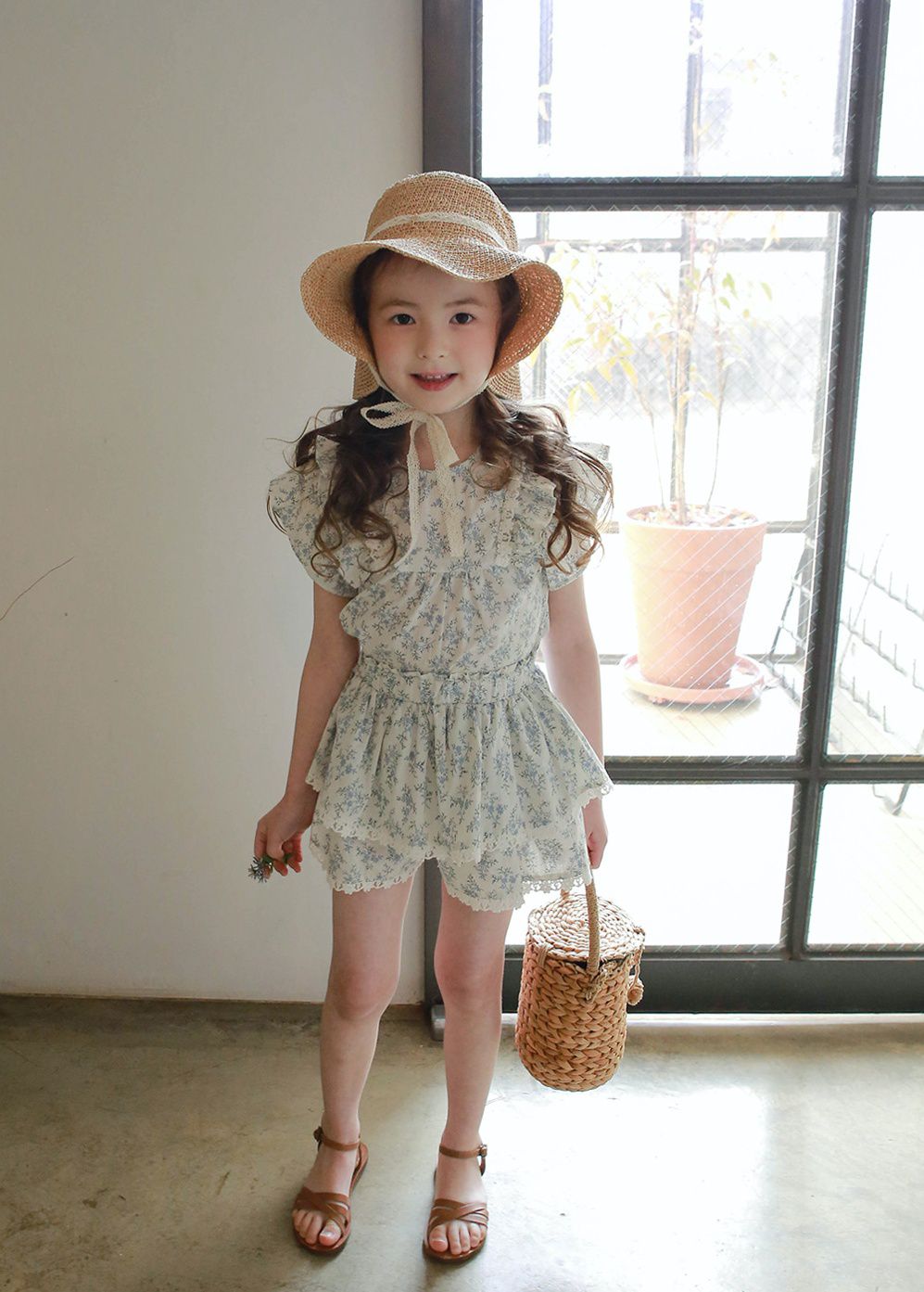 韓國 PuellaFLO - 雙層荷葉袖碎花上衣-藍花