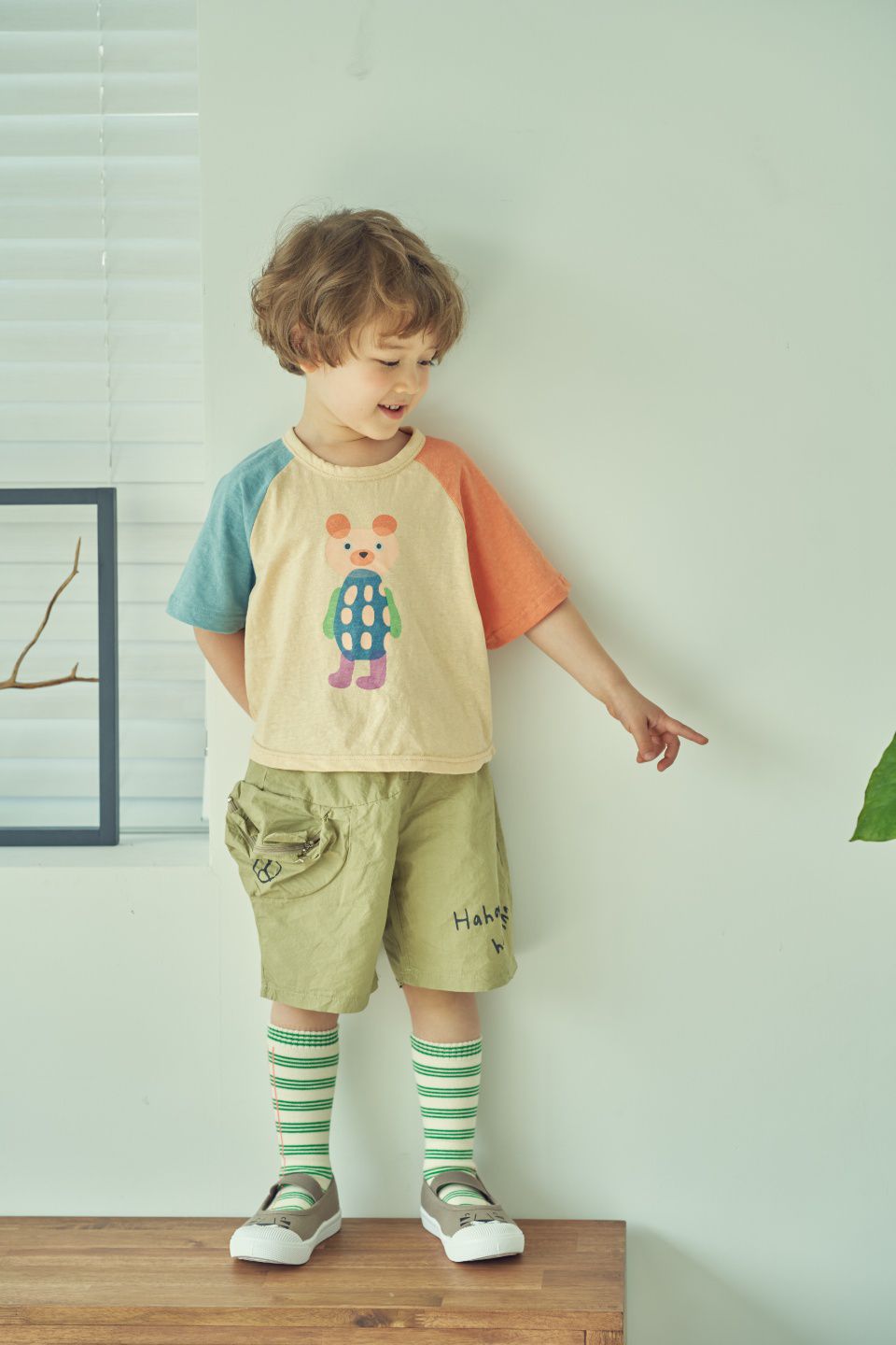 韓國 Mimico - 波波熊拼接色T-天藍X粉橘