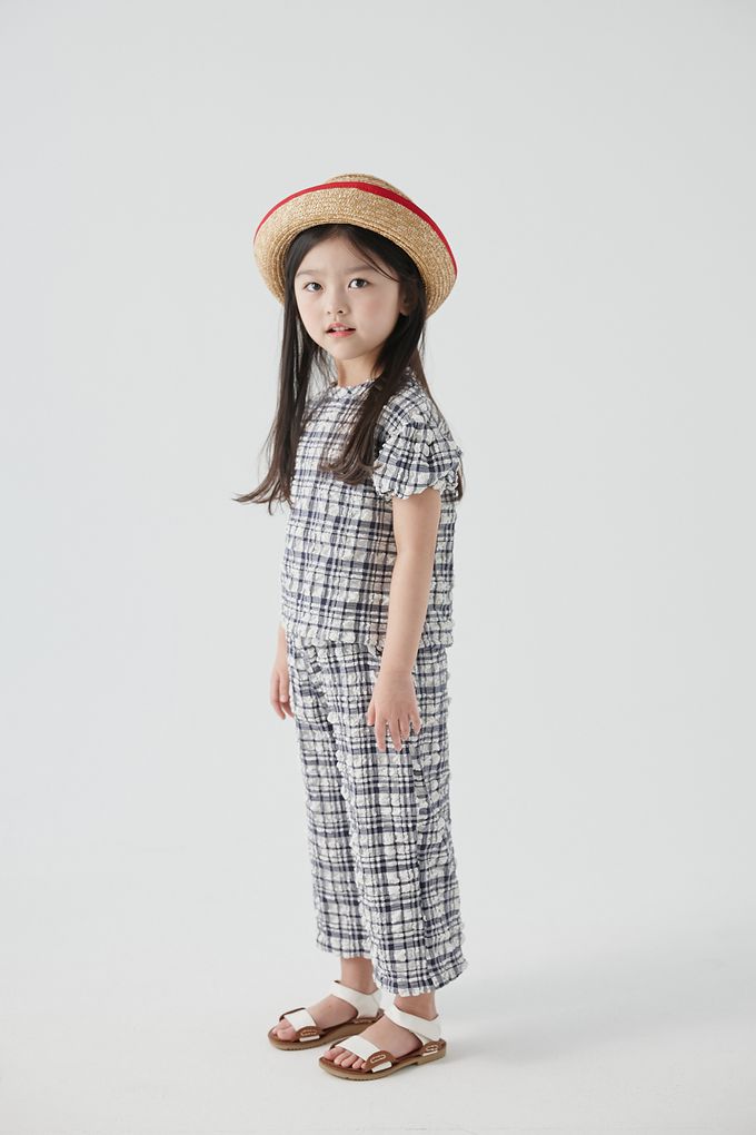 韓國 Coco Bang - 兩件式皺皺格子短袖長褲套裝-淺藍