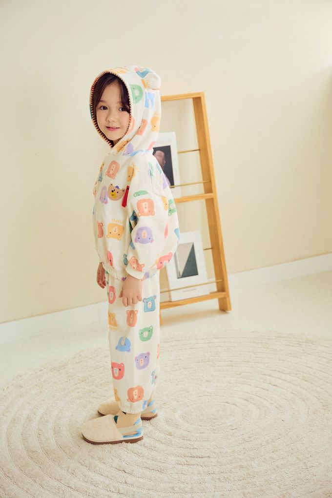 韓國 Mimico - 童趣多彩熊熊印連帽長袖上衣-象牙白