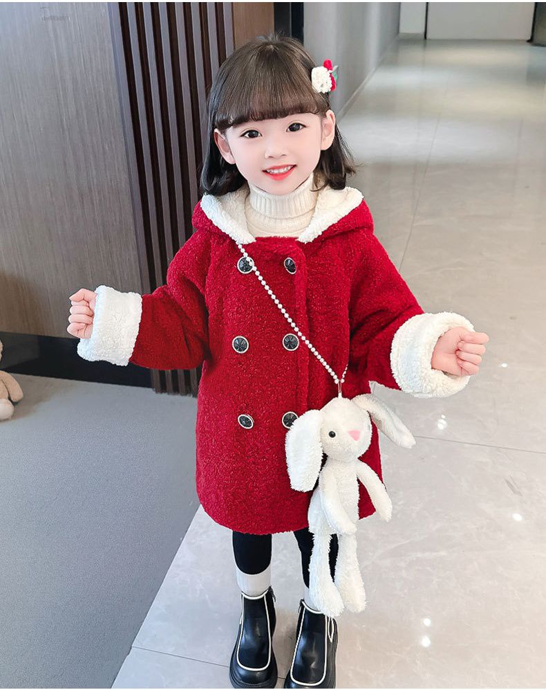 加厚毛絨造型長版外套-兔子耳朵-紅色-(送兔子配飾)