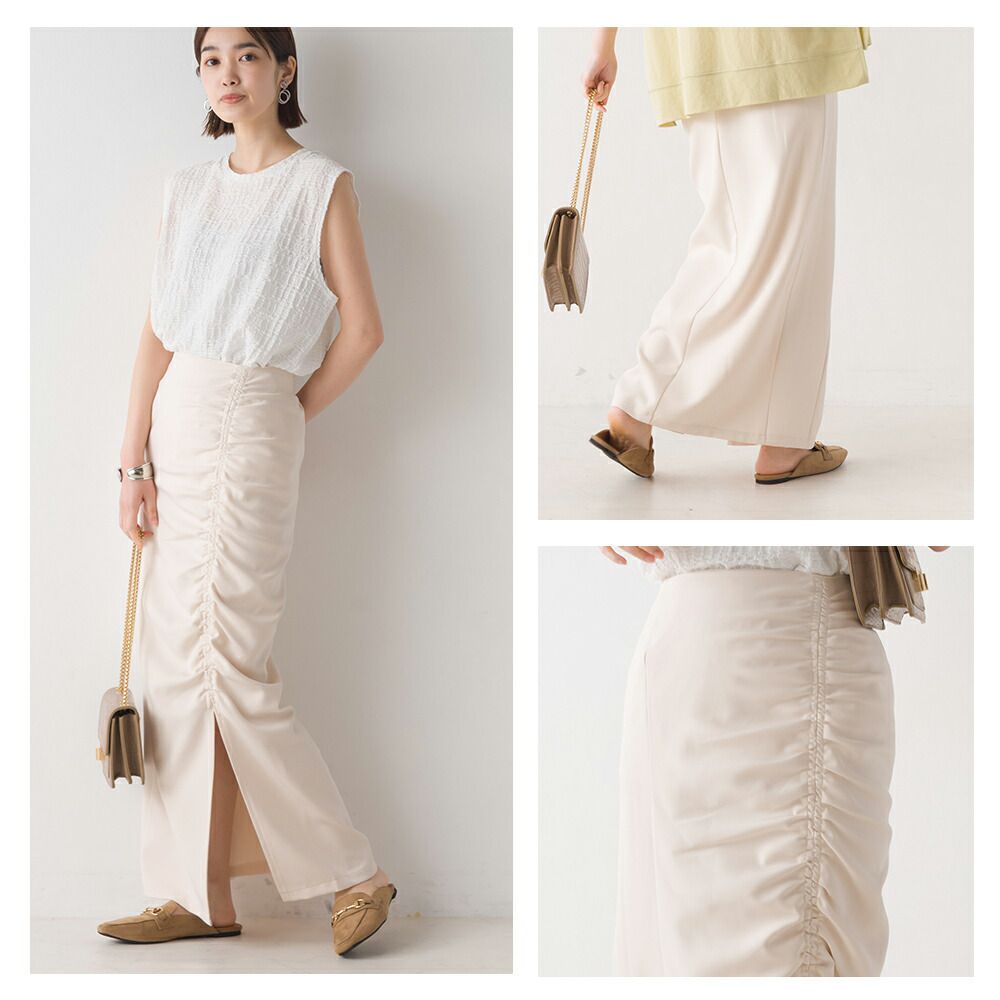 日本 OMNES - 優雅抽繩小開衩修身長裙-淺卡其