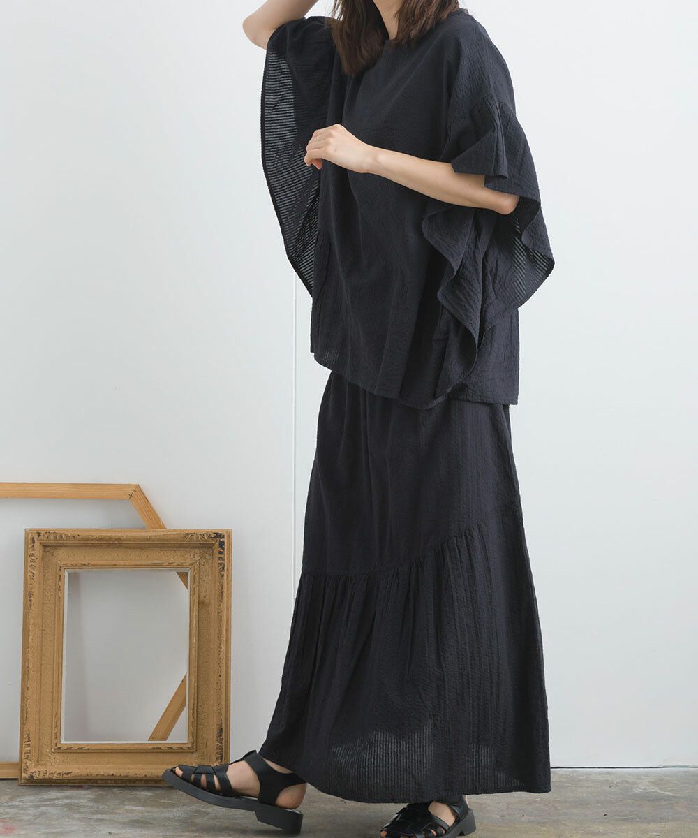 日本女裝代購 - 100%印度棉 超透氣波浪短袖上衣-石墨灰