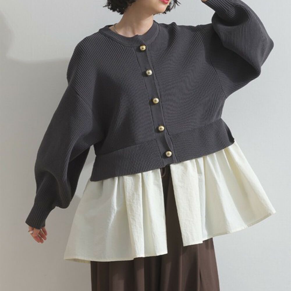 羅紋針織美型金扣層次長袖上衣-炭灰