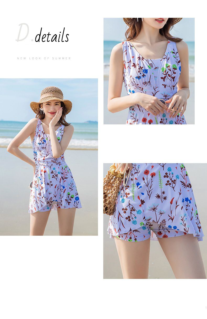 碎花遮肚修身顯瘦無袖連身泳衣-白色