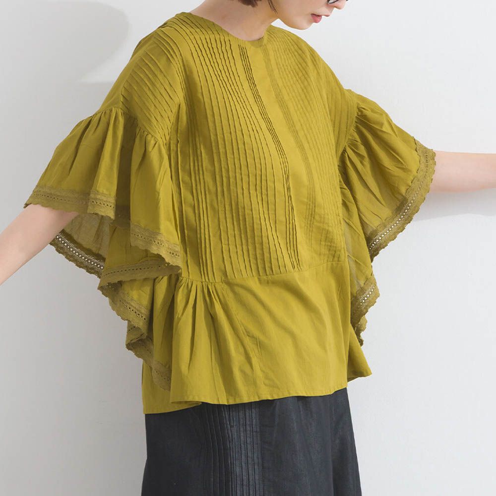 100%印度棉 細緻緹花大寬袖上衣-芥末黃
