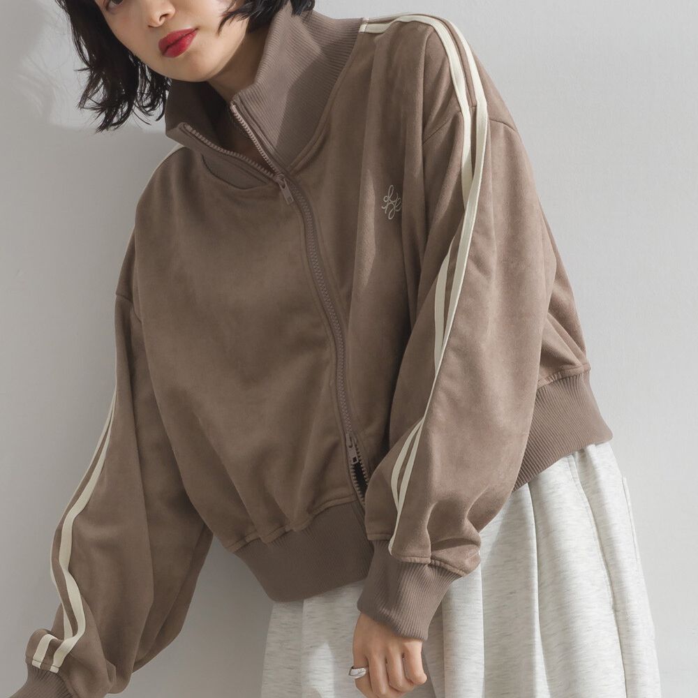 麂皮短絨休閒配色運動風夾克-淺摩卡