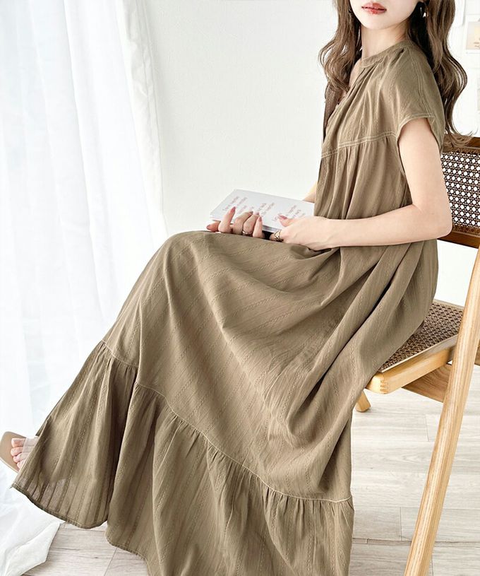 日本 Classical Elf - 法式優雅V領縫線開襟洋裝-卡其杏