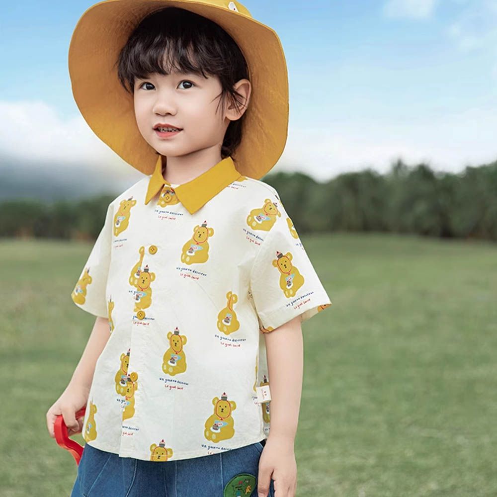 純棉撞色翻領短袖襯衫-童趣卡通-黃色