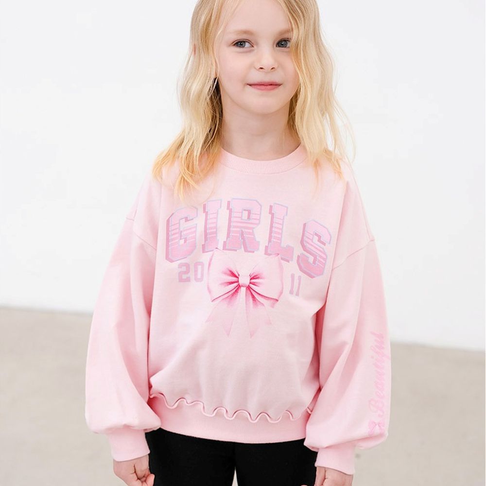 GIRLS蝴蝶結圖案長袖大學T-淡粉