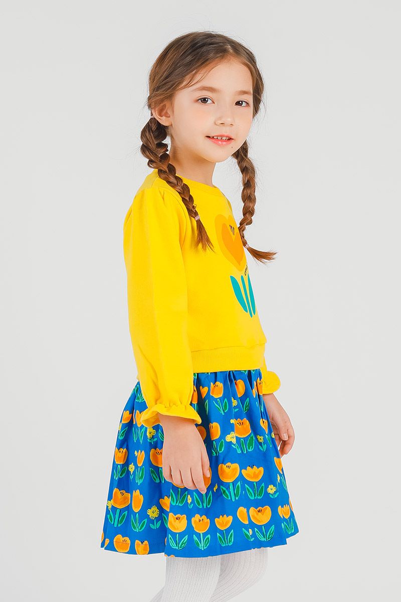 韓國 OZKIZ - 橘黃鬱金香拼接感長袖洋裝