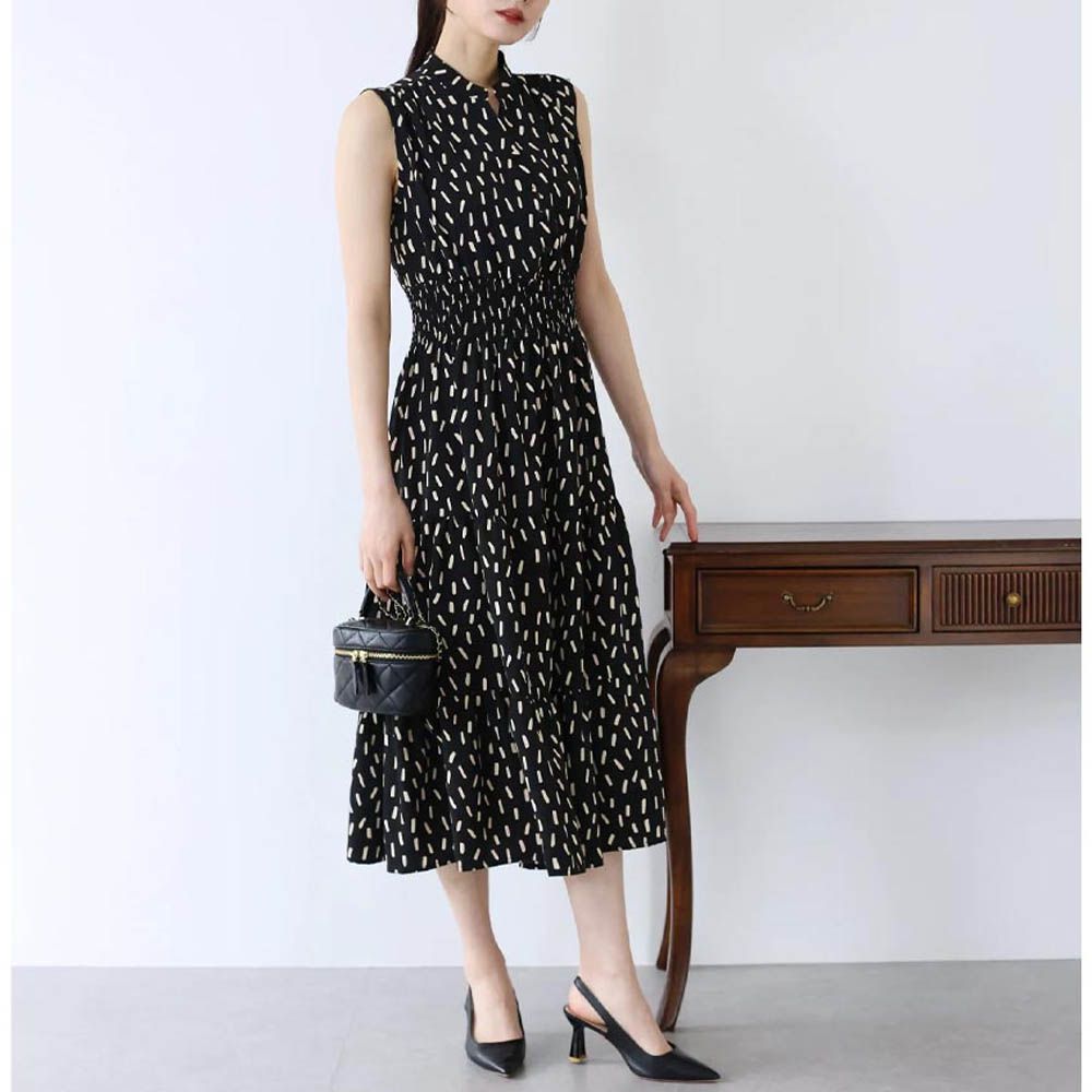 接觸冷感 縮腰顯瘦立領無袖洋裝-線條-黑 (M)