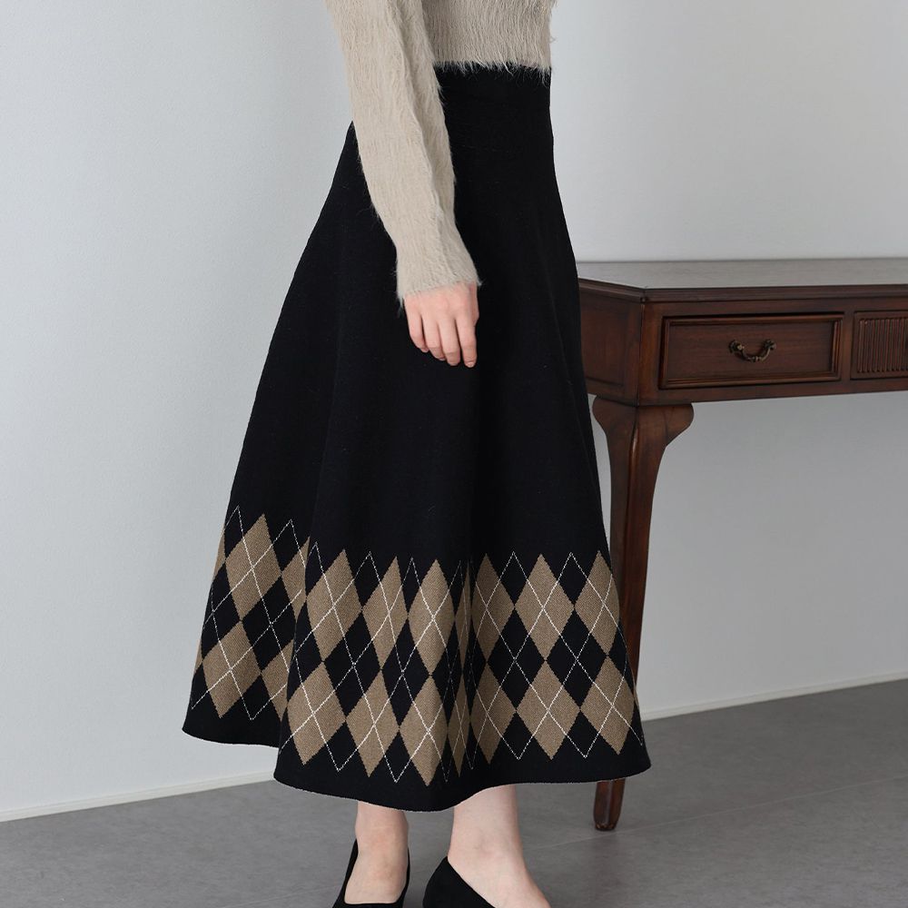 氣質女伶全腰鬆緊皺摺長裙-菱格-黑 (M)